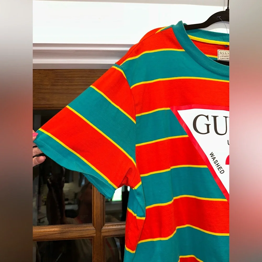 EUC Vintage Guess Size XL Men's Colorful Striped Tee in Red and Teal - Picture 3 of 11